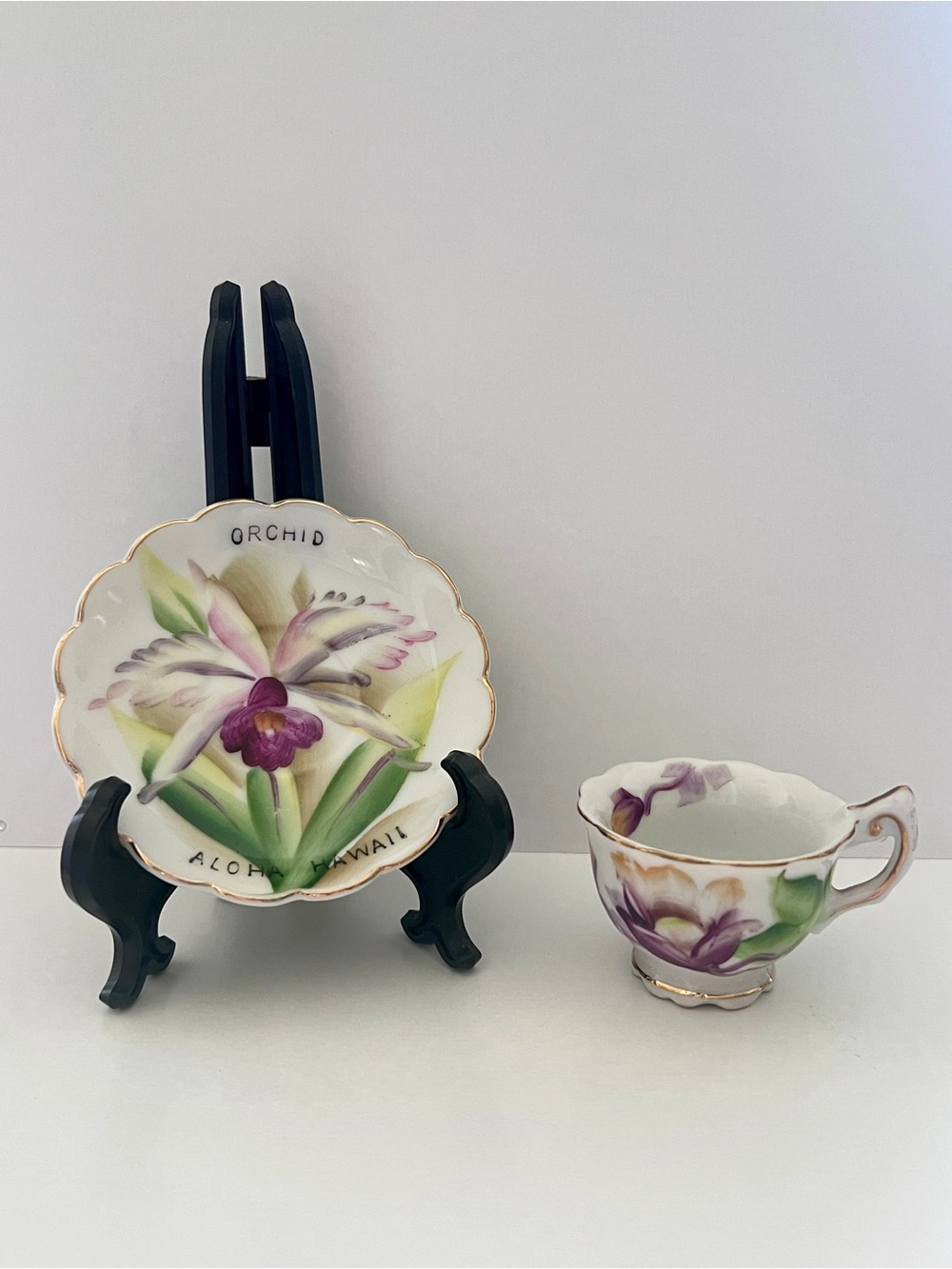 Vintage Hand-Painted Porcelain Hawaii Purple Orchid Mini Tea Cup & Saucer Set
